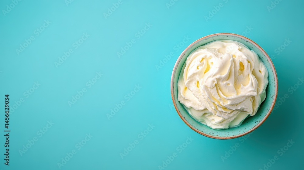 Poster overhead view of whipped cream in a bowl on blue background with copy space for text or design eleme
