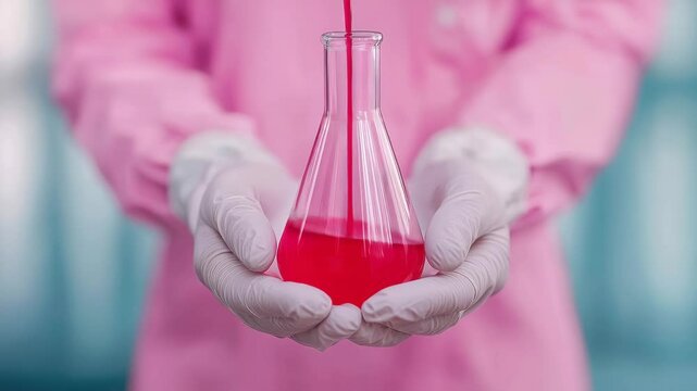 A scientist in a pink lab coat holds a conical flask filled with vibrant pink liquid, showcasing innovation and research in chemistry.