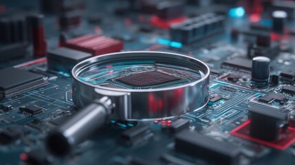 Naklejka premium Within a stylized technological atmosphere, a magnifying glass draws attention to a document, symbolizing the appraisal and defense of IT security vulnerabilities