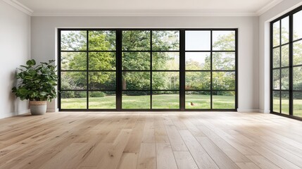 Bright Modern Interior with Large Windows and Green View