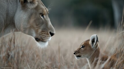 Naklejka premium lion with baby in safari park