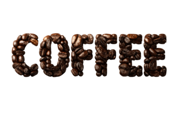 Coffee beans arranged in bold letters on a transparent background