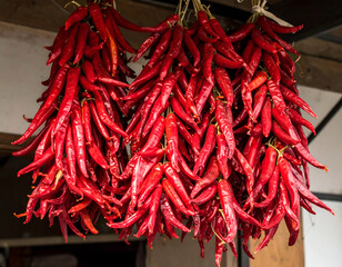 Naklejka premium Dried Red Chili Peppers Hanging For Sale
