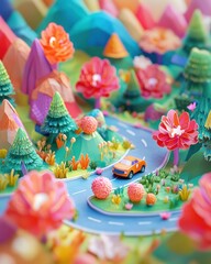 Orange Car Driving on Winding Road Through Colorful Paper Landscape Tilt Shift Close Up