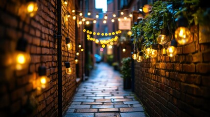 Fototapeta premium Brick alleyway lit with warm, strung, incandescent bulbs