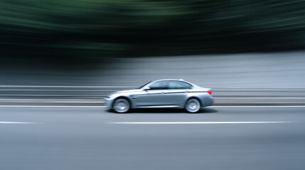 Silver sedan car in motion creates dynamic blur effect on asphalt road, conveying speed and energy with modern urban background and smooth lines