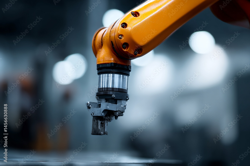 Poster robotic arm gripper in closeup, orange industrial automation tool precisely manipulating object in f