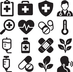 This vector icon set showcases medical and health care symbols for web design and business illustration