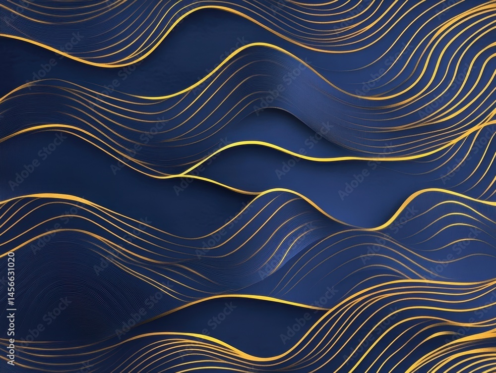 Poster Elegant blue and gold abstract background with flowing lines and wavy patterns in a modern style design