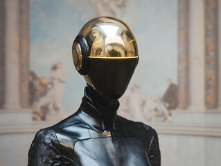 Futuristic female figure gold helmet black bodysuit baroque background elegant mysterious modern reflective artistic serene expression