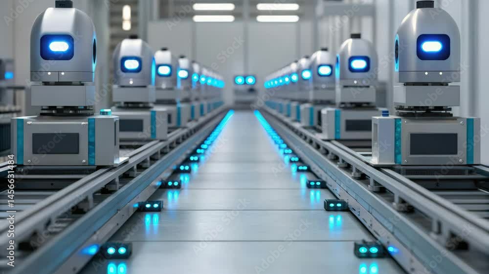 Poster manufacturing automation for productivity improvement, a futuristic assembly line featuring robotic 