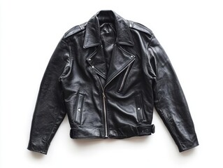 Studio shot of a black leather motorcycle jacket on a white background showcasing its texture and design details