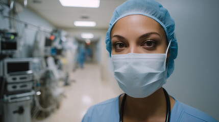 Closeup of focused woman doctor wearing surgical mask and cap in hospital corridor, medical equipment in background, healthcare professional at work