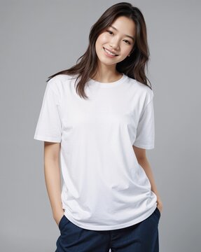 Studio Portrait of Plain White Tshirt on Asian Woman for Apparel Mockup - Front View