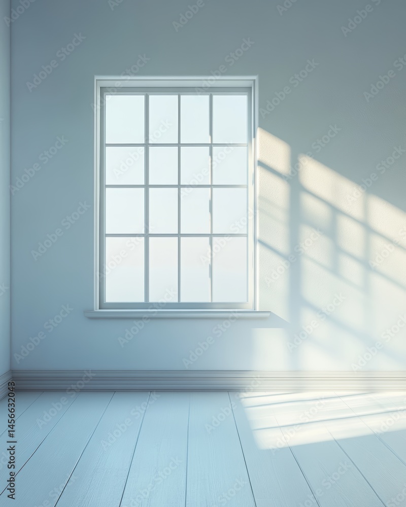 Poster interior of bright empty room with window casting shadows on wall and floor in minimalist style for 