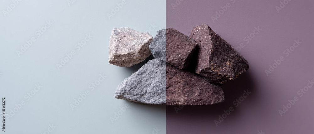 Poster rock minerals with rich metallic hues are arranged on surface split between soft blue and muted purp