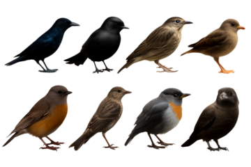 Diverse bird species with varying colors and shapes lined up