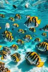 Fototapeta premium School of Yellowtail Butterflyfish Swimming Underwater in Tropical Coral Reef Ecosystems Eye Level View