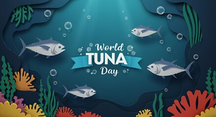 Fototapeta premium Celebrating World Tuna Day with Underwater Scene and Ocean Life