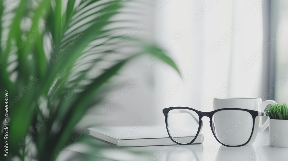 Poster minimalist workspace setup with glasses book mug and plant on white desk near window in soft focus