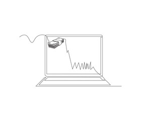 One continuous line drawing of laptop with trading. single line illustration of technology day concept. making money. editable concept
