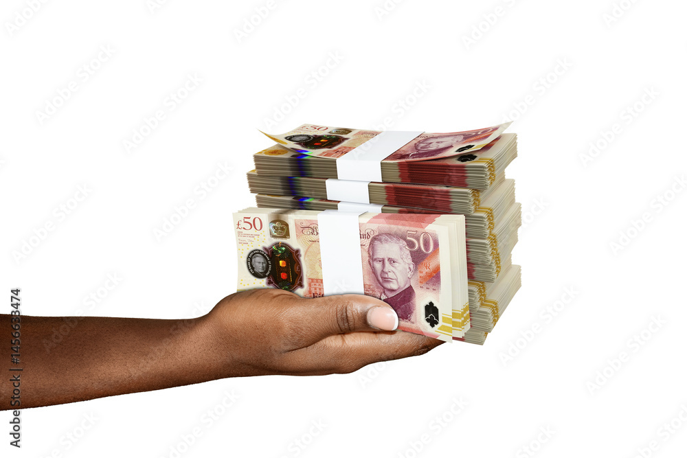 Poster hand holding 3d rendering of stacks of 50 british pound notes isolated on transparent background