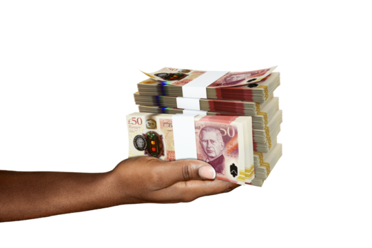 Hand Holding 3D rendering of stacks of 50 British pound notes isolated on transparent background