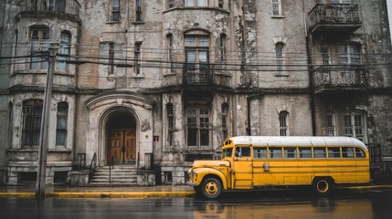Fototapeta premium A mockup illustration of a yellow American school bus with blank white space for information is parked at an urban location with a stone road and a sidewalk, embodying an advertising concept