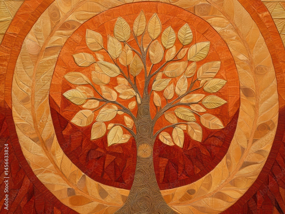 Poster tree of life mosaic art close up with warm earth tones in a circular design, abstract stylized natur