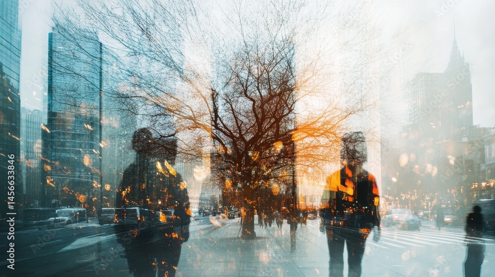 Poster an ethereal urban scene showcasing silhouettes of people against a misty background. an abstract tre