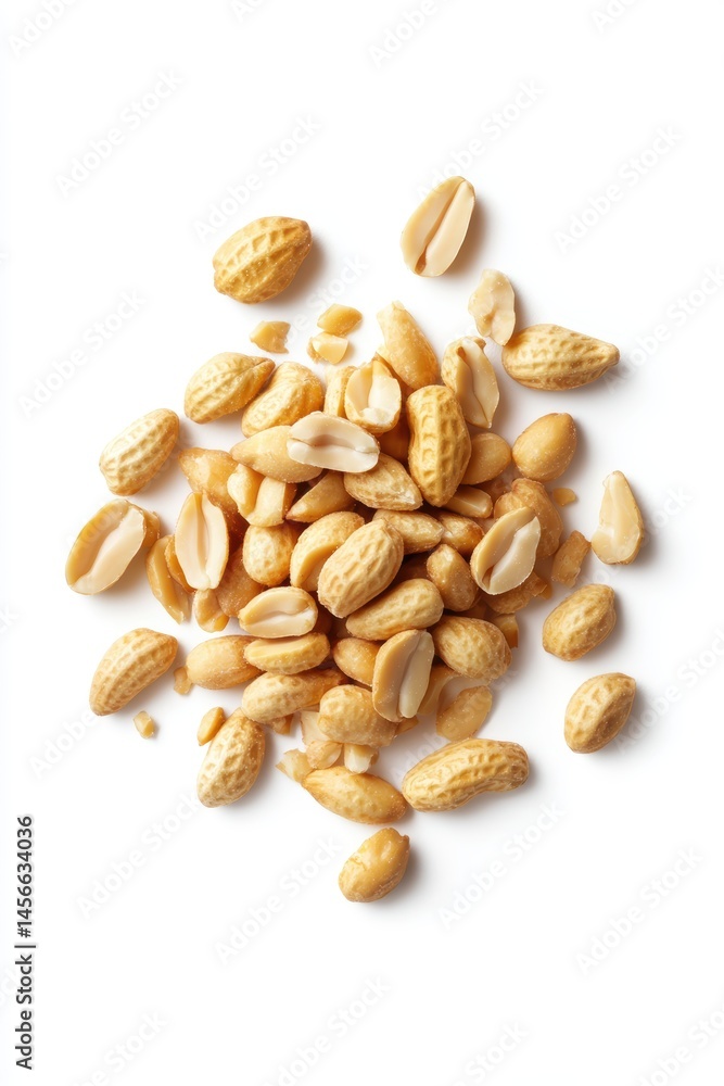 Poster overhead shot of pile of shelled and unshelled peanuts on white background studio lighting for food 
