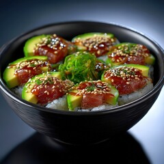 a bowl of spicy tuna roll with avocado and soy drizzle