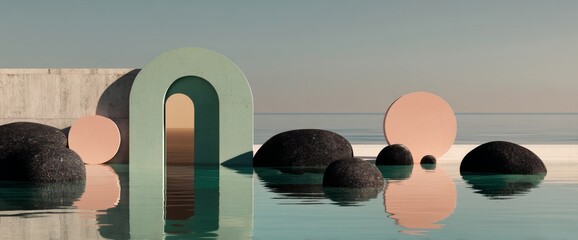 A fantastic scenery of a northern seascape with calm water and flat geometric mirror arches, set against a plain gradient sky, is the focal point of this 3D rendering designed to be an aesthetic