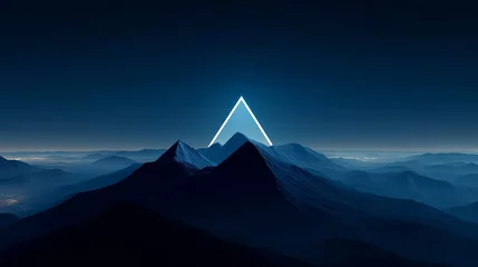 Gordijnen A 3D rendering depicts an abstract virtual landscape featuring blue-hued rocks and mountains, serving as a surreal wallpaper with a fantastic background that includes a triangular portal © Danila