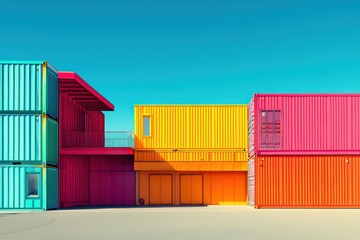 Colorful Shipping Containers Against Clear Blue Sky