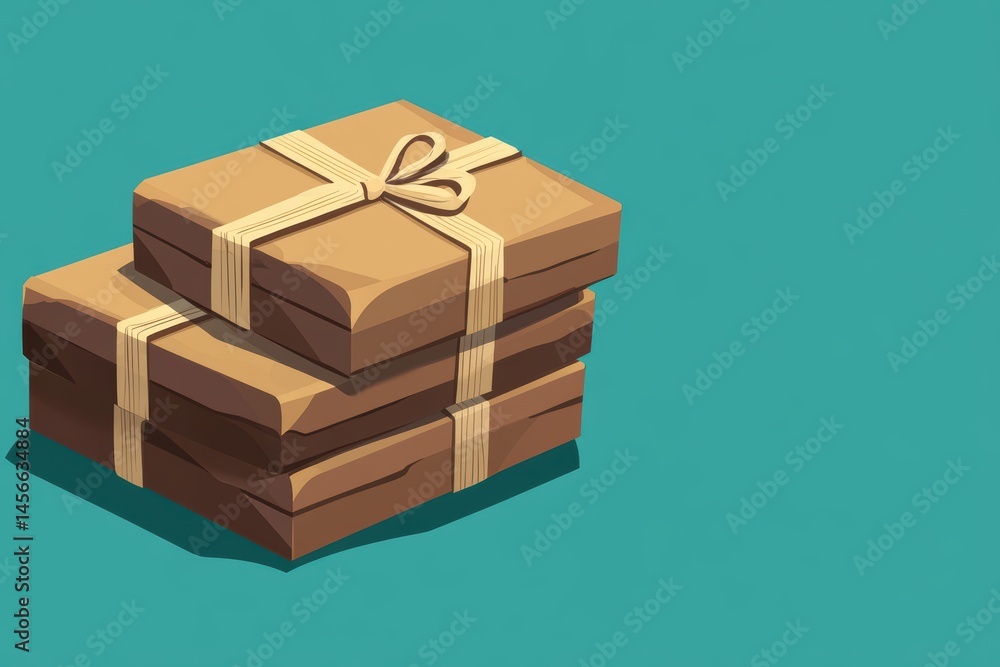 Poster stack of brown paper packages tied with string isometric illustration on teal background delivery co