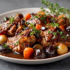 coq au vin with tender chicken in red wine sauce, french classic