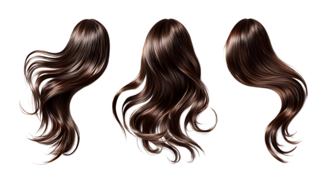 Set of Three Brown Wavy Hairstyles Against Transparent Background