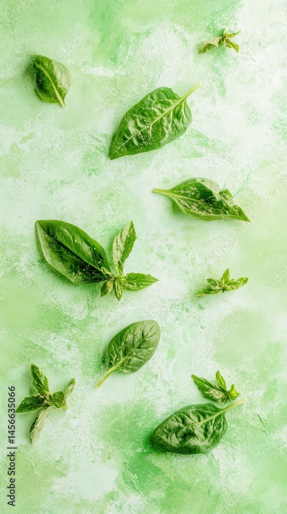 Poster fresh basil leaves arranged on a textured green background for a natural and vibrant culinary scene