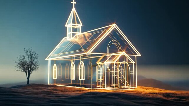 This modern church structure emerges in a luminous wireframe, radiating light in a serene setting.