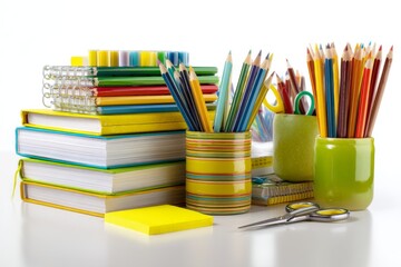 Obraz premium A collection of educational materials and textbooks set against a white backdrop