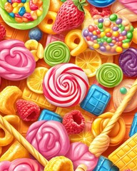 Colorful Candy Assortment Close-Up Still Life Sweet Treats Lollipops Gummies Fruit Slices Waffles Artistic Composition