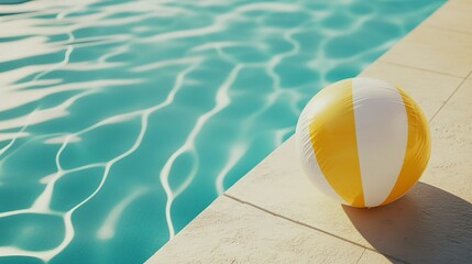 Una palla gonfiabile da spiaggia a strisce bianche e gialle sul bordo di una piscina