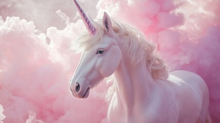 Naklejka premium Majestic white unicorn in a dreamy pink cloud