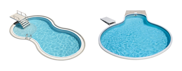 Swimming pools collection: top view of various shapes on transparent background