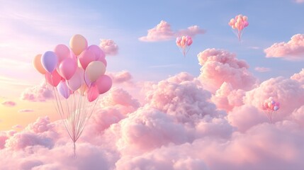 Fototapeta premium The atmosphere is one of surreal festivity, marked by the presence of lustrous, colorful balloons, floating serenely within a dreamy, ink-hued cloud cover, where shades of pink, blue, and orange