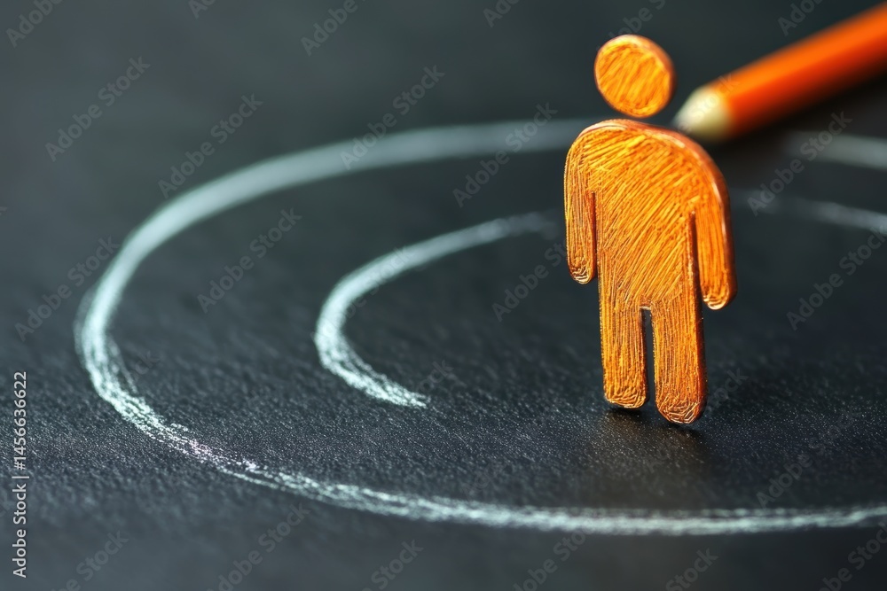 Poster orange figure standing in chalk circle close up shot on black background with pencil illustrating ta