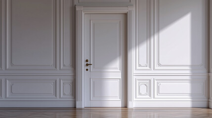 Minimal White Door in Empty Bright Room with Shadows
