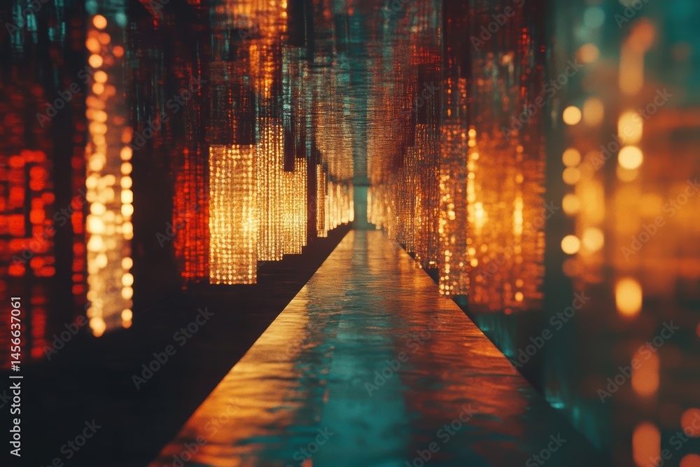 Poster abstract corridor of light installation with reflections and warm tones in an art gallery exhibition