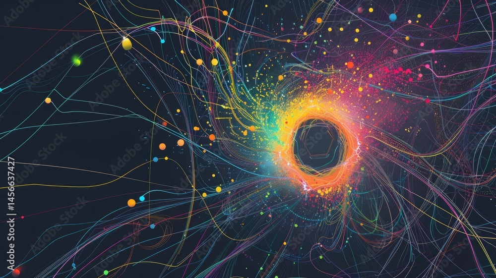 Poster abstract picture of neon light particle with digital technology style design connecting become dynam